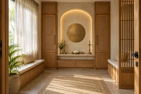 AI-generated puja room design concept: paired storage prayer room, coastal woven direction
