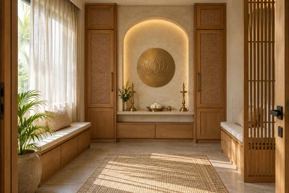 AI-generated puja room design concept: paired storage prayer room, coastal woven direction