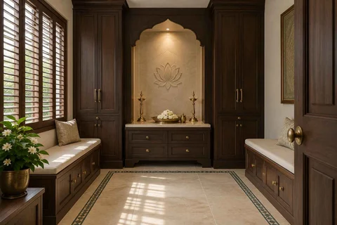AI-generated puja room design concept: paired storage prayer room, colonial quiet direction