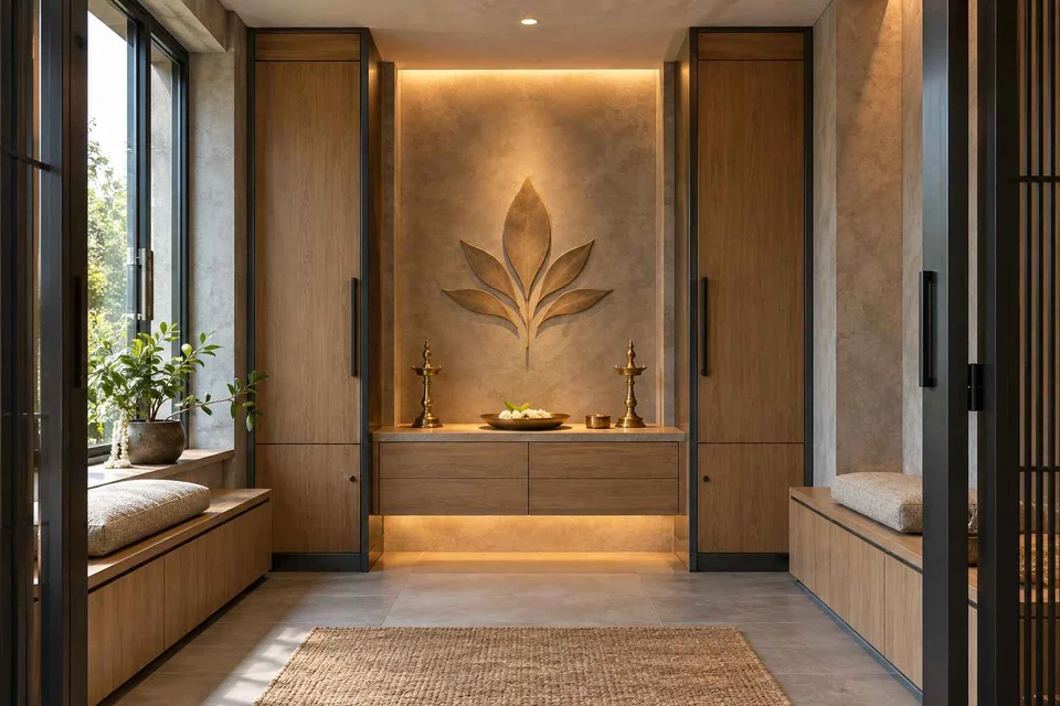 AI-generated puja room design concept: paired storage prayer room, concrete and oak direction