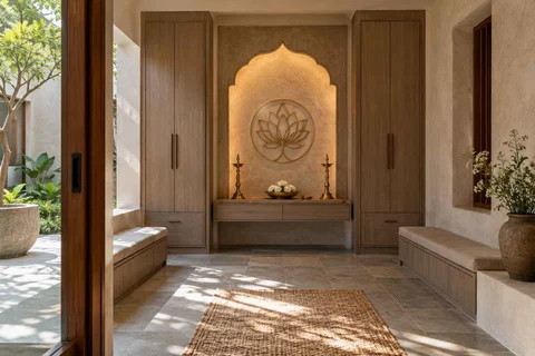 AI-generated puja room design concept: paired storage prayer room, courtyard modern direction