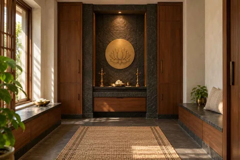 AI-generated puja room design concept: paired storage prayer room, deccan stone direction