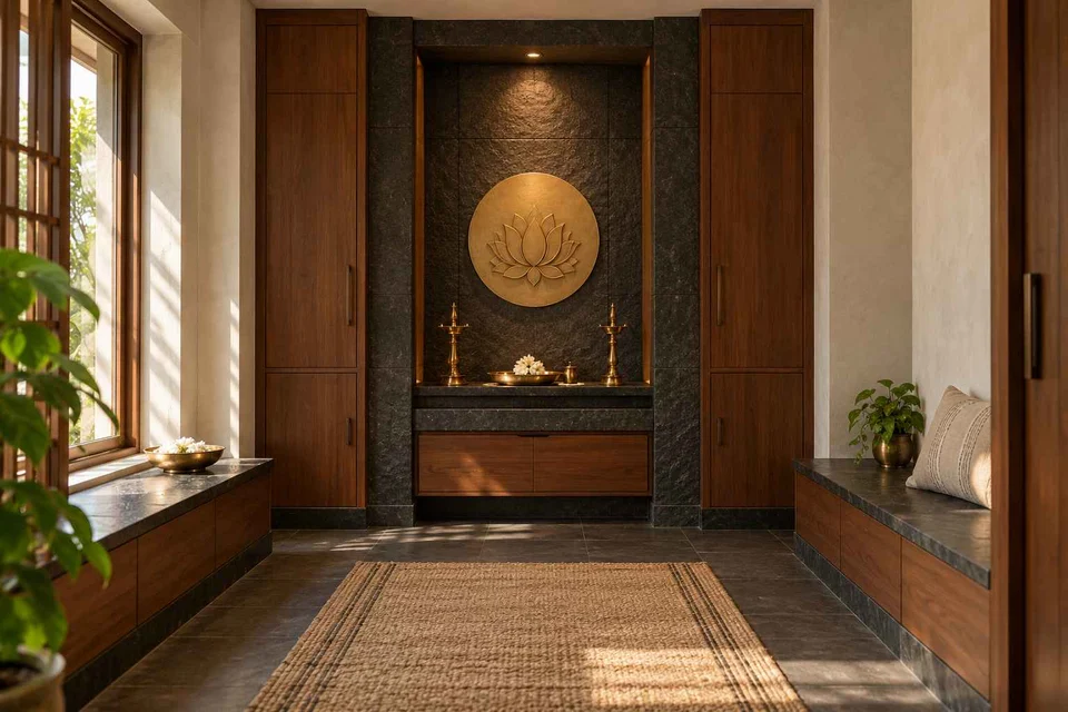 AI-generated puja room design concept: paired storage prayer room, deccan stone direction