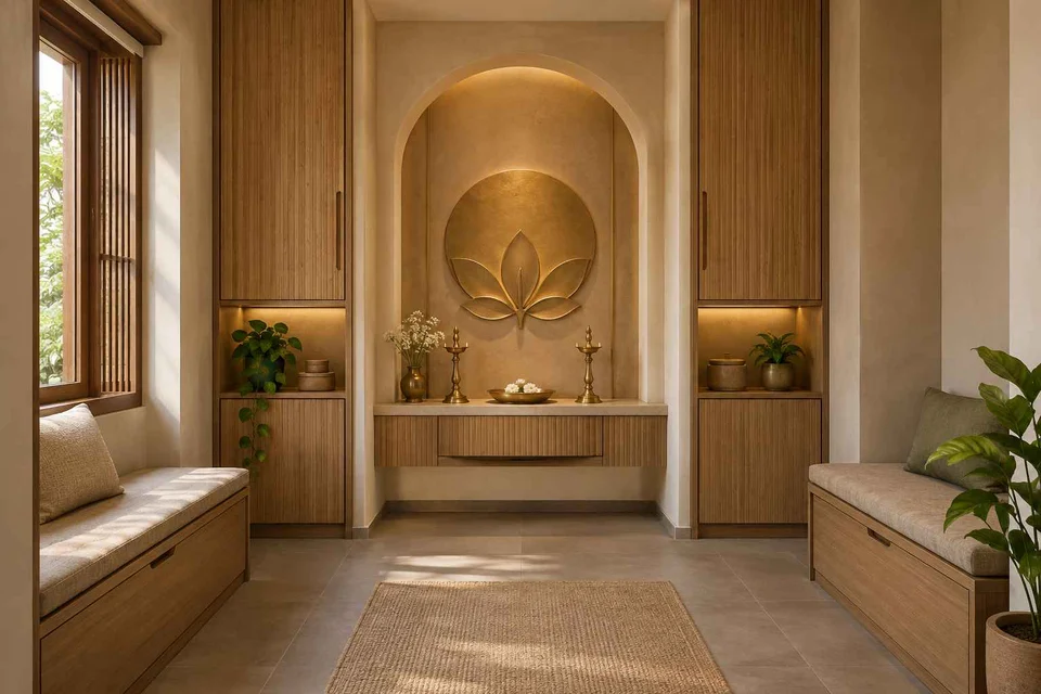 AI-generated puja room design concept: paired storage prayer room, earth and bamboo direction