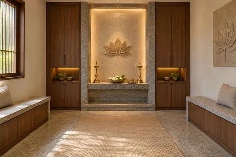 AI-generated puja room design concept: paired storage prayer room, granite precision direction