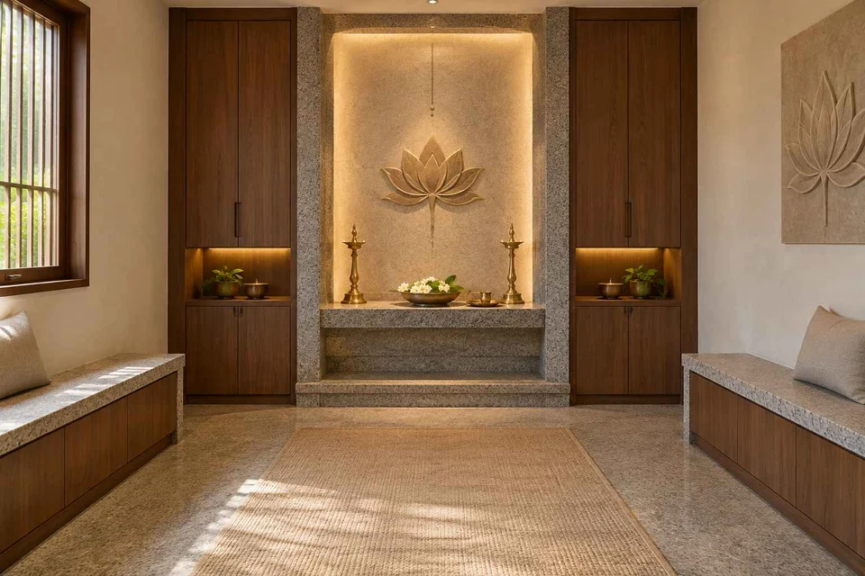 AI-generated puja room design concept: paired storage prayer room, granite precision direction