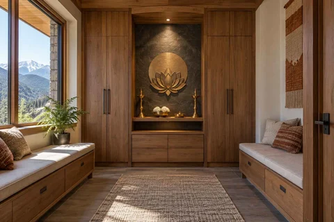 AI-generated puja room design concept: paired storage prayer room, hill timber direction