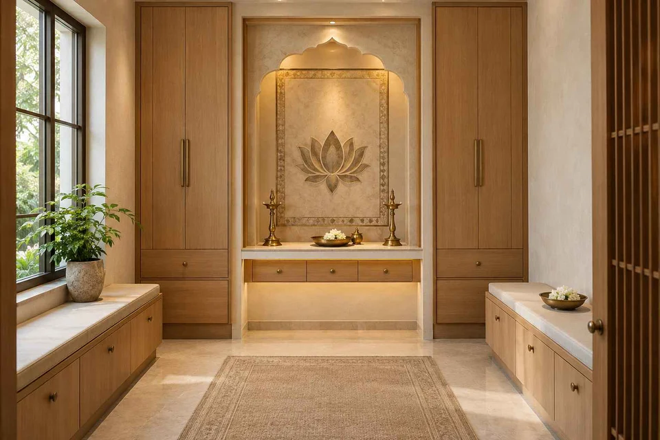 AI-generated puja room design concept: paired storage prayer room, inlay atelier direction
