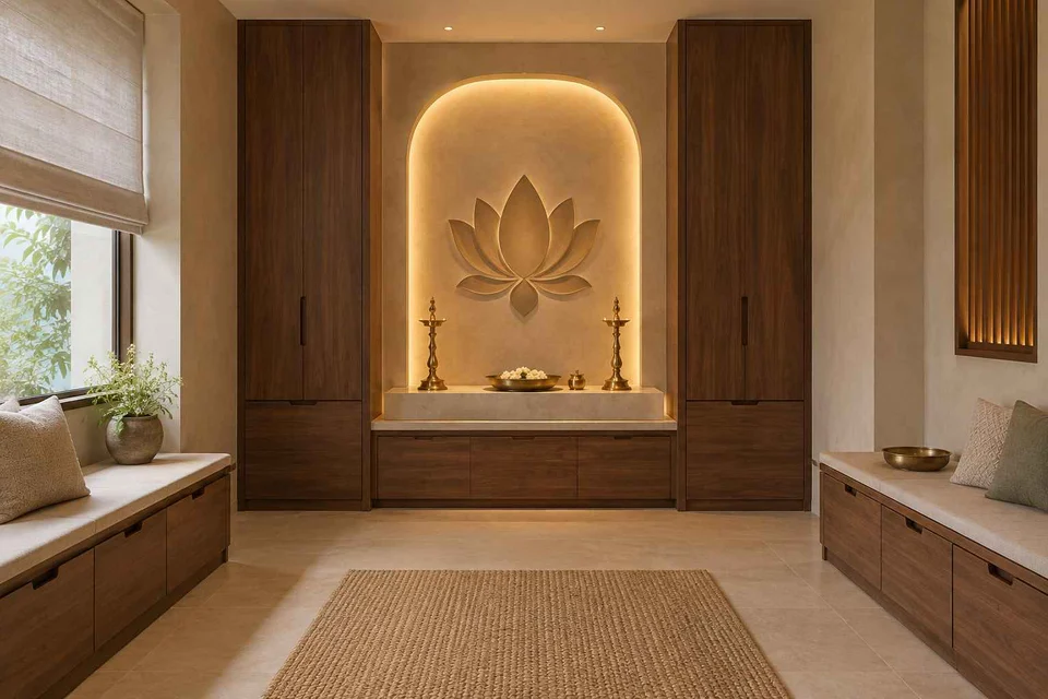 AI-generated puja room design concept: paired storage prayer room, lime and walnut direction