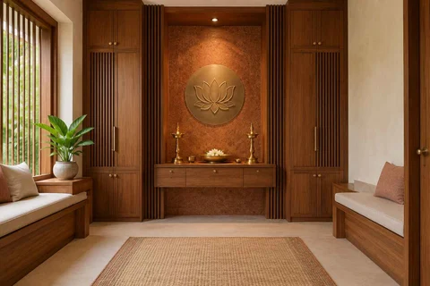 AI-generated puja room design concept: paired storage prayer room, malabar timber direction