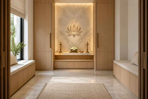 AI-generated puja room design concept: paired storage prayer room, marble restraint direction