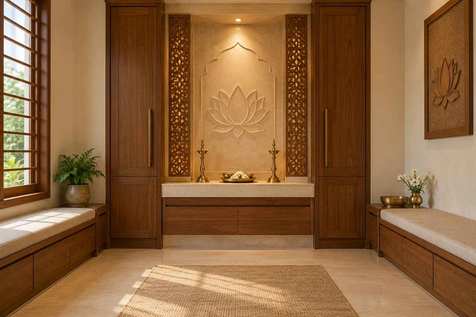 AI-generated puja room design concept: paired storage prayer room, modern carved direction