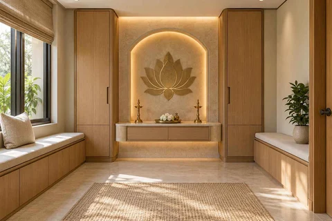 AI-generated puja room design concept: paired storage prayer room, quiet contemporary direction