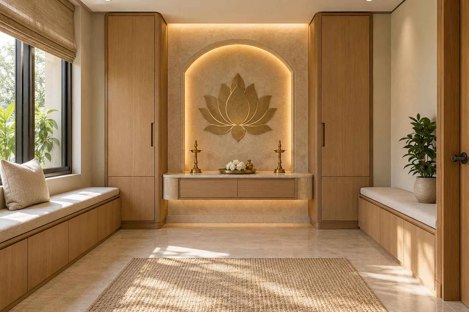 AI-generated puja room design concept: paired storage prayer room, quiet contemporary direction
