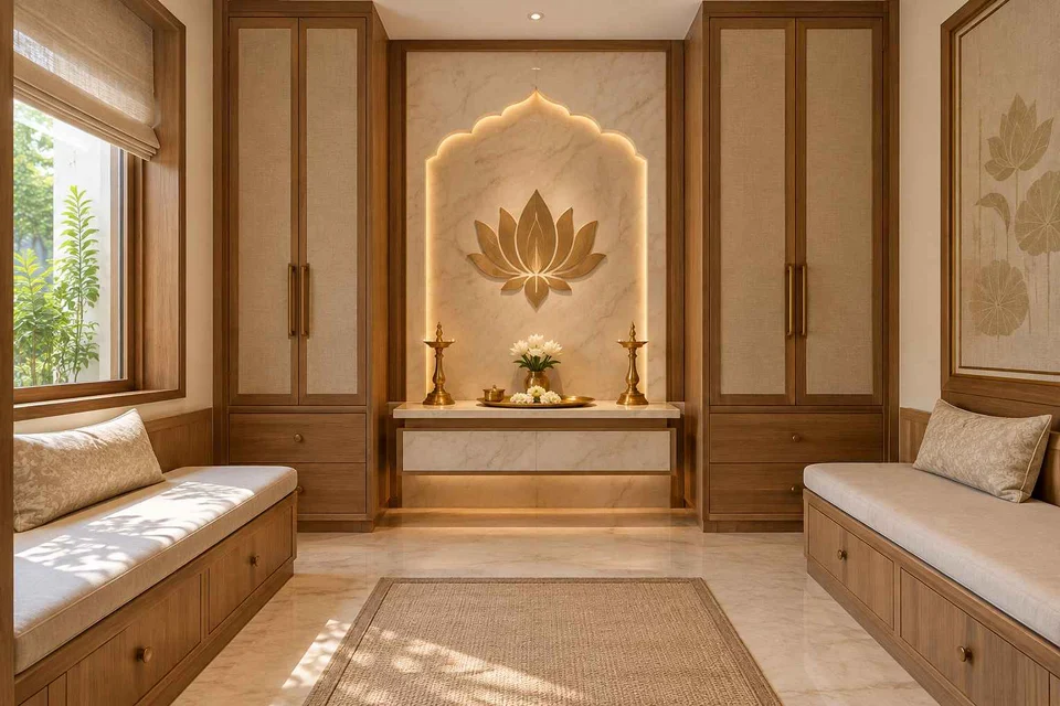 AI-generated puja room design concept: paired storage prayer room, quiet transitional direction