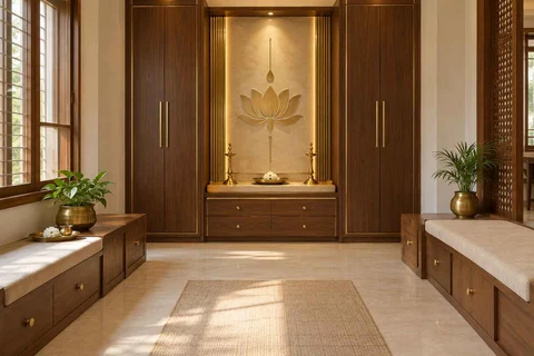 AI-generated puja room design concept: paired storage prayer room, rosewood brass direction