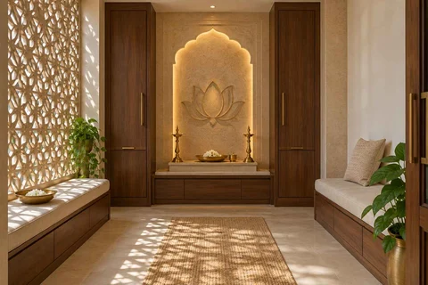 AI-generated puja room design concept: paired storage prayer room, sandstone lattice direction