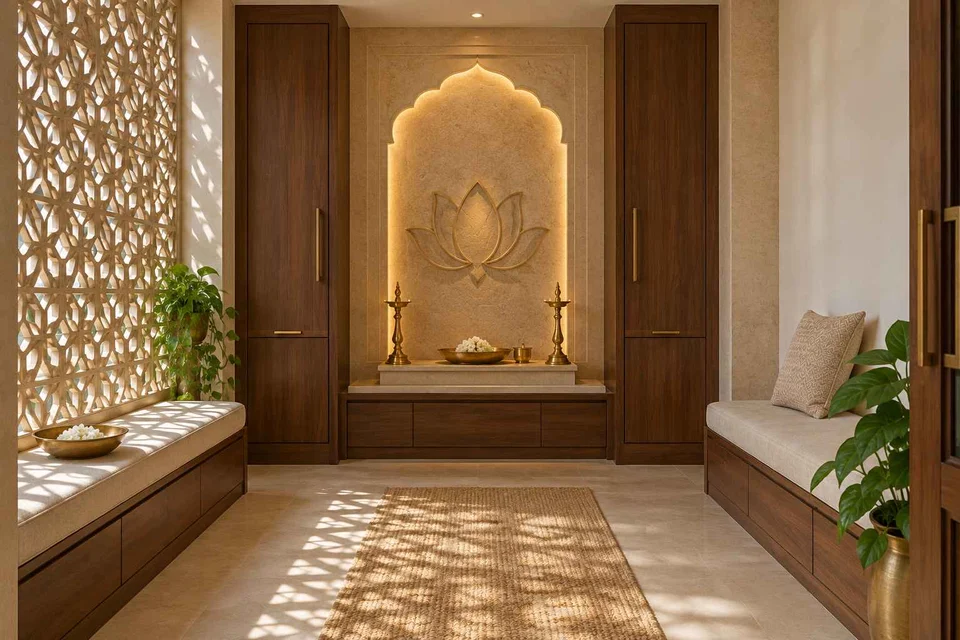 AI-generated puja room design concept: paired storage prayer room, sandstone lattice direction