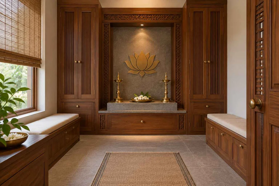 AI-generated puja room design concept: paired storage prayer room, teak craft direction