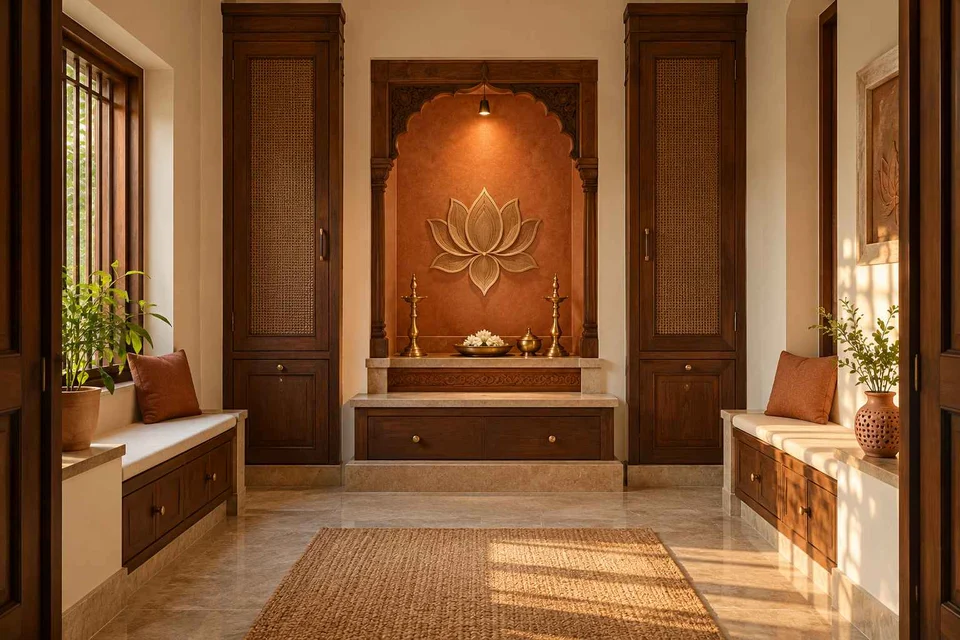 AI-generated puja room design concept: paired storage prayer room, terracotta heritage direction