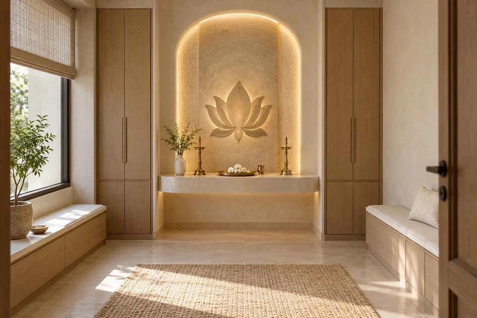 AI-generated puja room design concept: paired storage prayer room, textured mineral direction