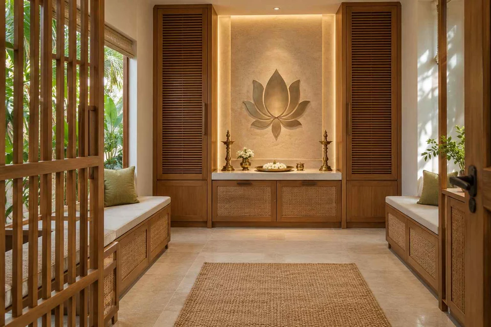 AI-generated puja room design concept: paired storage prayer room, tropical slatted direction
