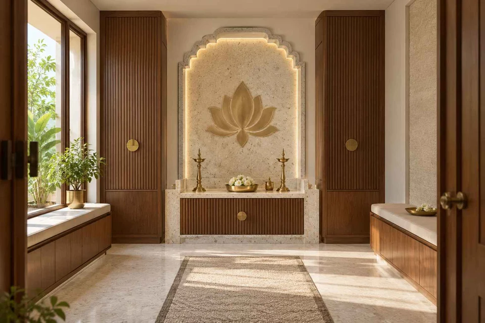 AI-generated puja room design concept: paired storage prayer room, urban deco direction