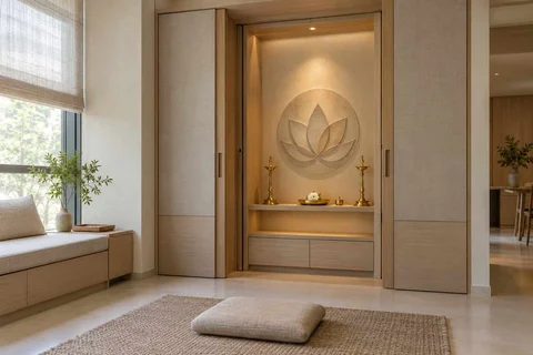 AI-generated puja room design concept: pocket-door shrine, ash and linen direction