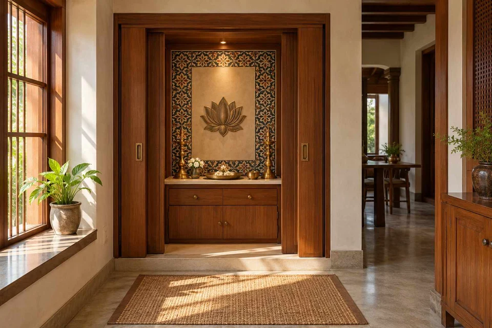 AI-generated puja room design concept: pocket-door shrine, chettinad tile direction