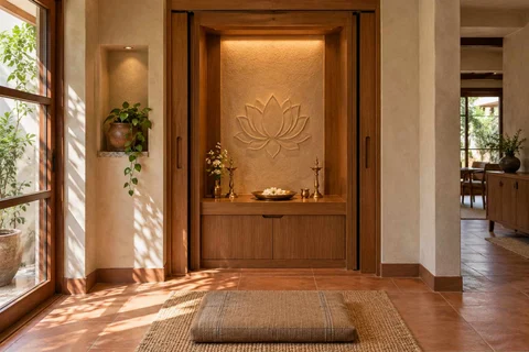AI-generated puja room design concept: pocket-door shrine, clay artisan direction
