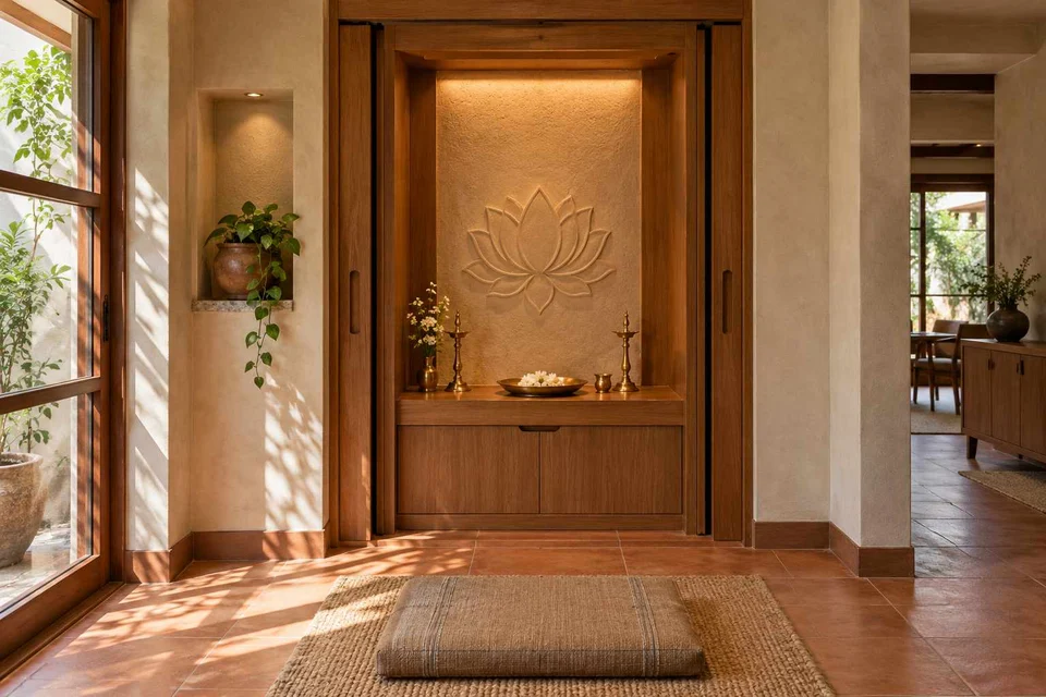 AI-generated puja room design concept: pocket-door shrine, clay artisan direction