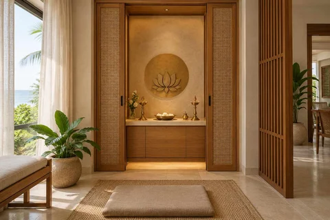 AI-generated puja room design concept: pocket-door shrine, coastal woven direction
