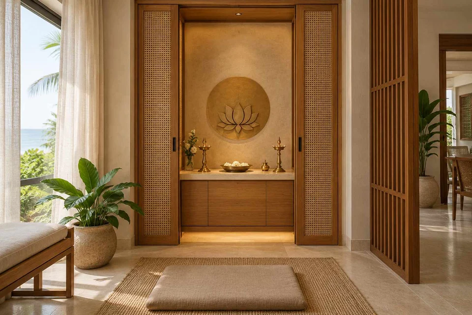 AI-generated puja room design concept: pocket-door shrine, coastal woven direction