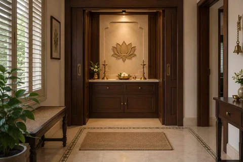 AI-generated puja room design concept: pocket-door shrine, colonial quiet direction