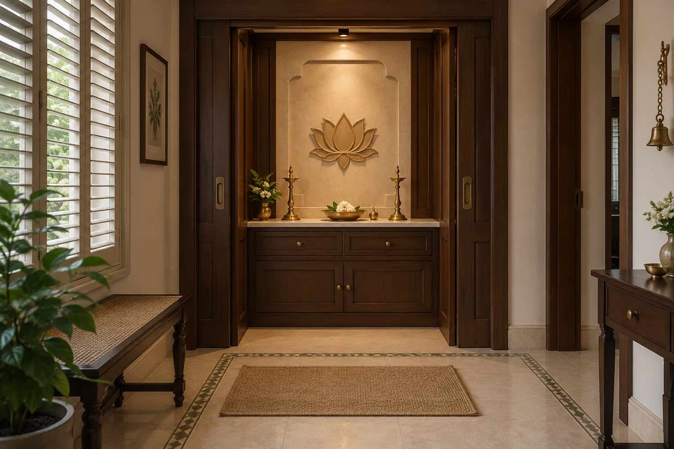 AI-generated puja room design concept: pocket-door shrine, colonial quiet direction