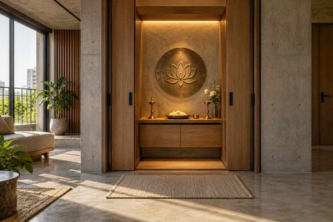 AI-generated puja room design concept: pocket-door shrine, concrete and oak direction