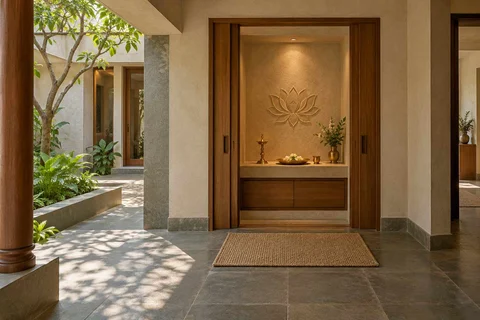 AI-generated puja room design concept: pocket-door shrine, courtyard modern direction