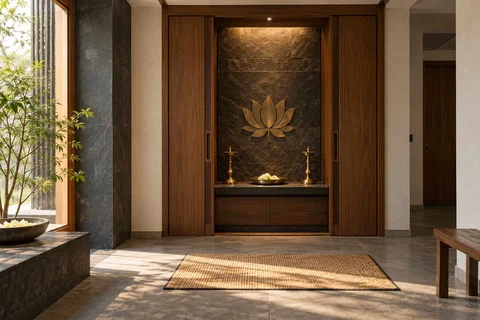 AI-generated puja room design concept: pocket-door shrine, deccan stone direction
