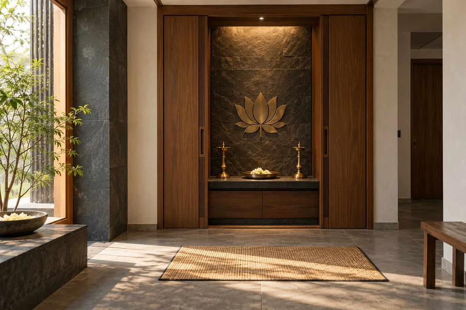 AI-generated puja room design concept: pocket-door shrine, deccan stone direction