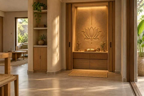 AI-generated puja room design concept: pocket-door shrine, earth and bamboo direction