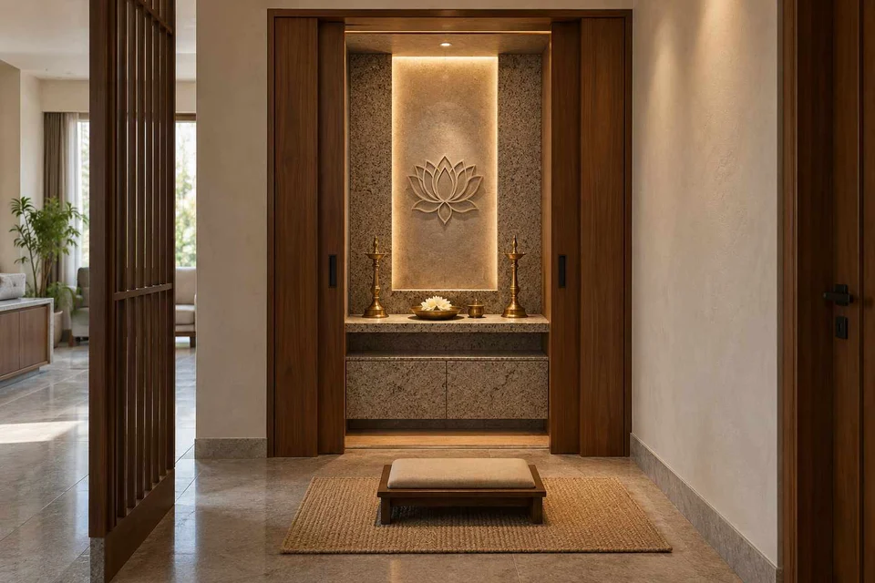 AI-generated puja room design concept: pocket-door shrine, granite precision direction