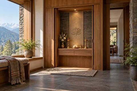 AI-generated puja room design concept: pocket-door shrine, hill timber direction