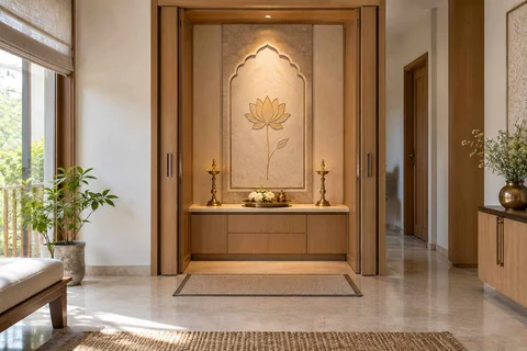 AI-generated puja room design concept: pocket-door shrine, inlay atelier direction