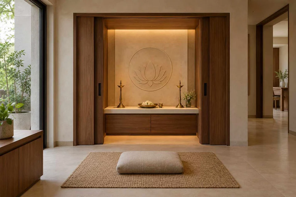 AI-generated puja room design concept: pocket-door shrine, lime and walnut direction