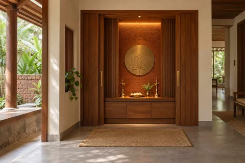 AI-generated puja room design concept: pocket-door shrine, malabar timber direction