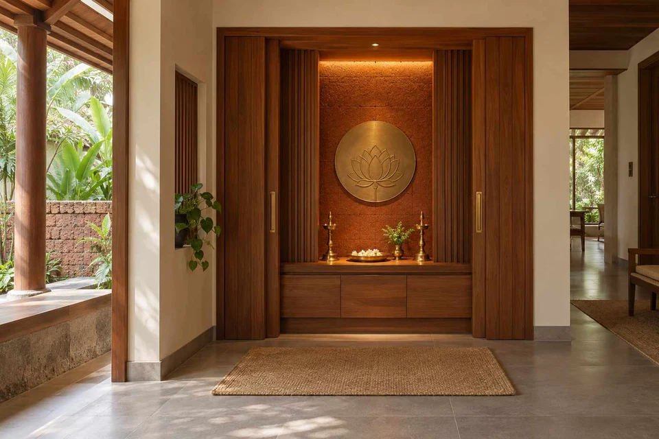 AI-generated puja room design concept: pocket-door shrine, malabar timber direction