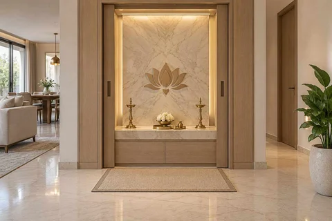 AI-generated puja room design concept: pocket-door shrine, marble restraint direction