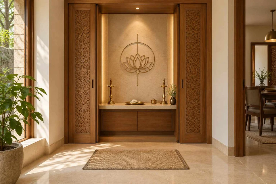 AI-generated puja room design concept: pocket-door shrine, modern carved direction
