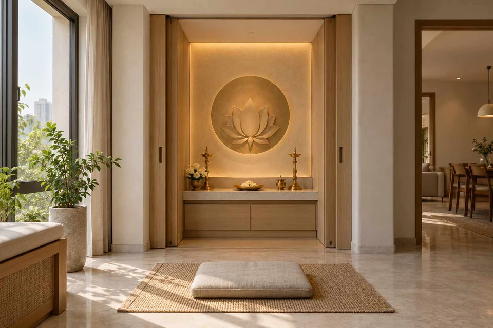 AI-generated puja room design concept: pocket-door shrine, quiet contemporary direction