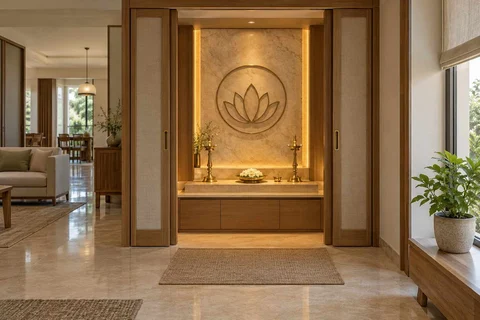 AI-generated puja room design concept: pocket-door shrine, quiet transitional direction